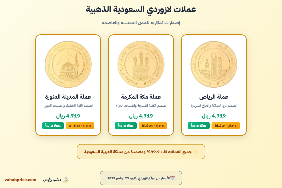 عملات ذهبية سعودية من لازوردي عيار 24 قيراط بتصاميم الرياض ومكة والمدينة معفية من الضريبة