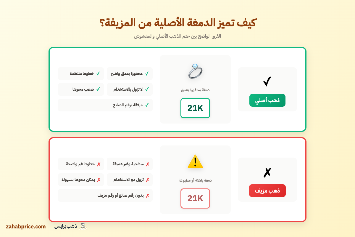 إنفوجرافيك يوضح الفرق بين دمغة الذهب الأصلية المحفورة والمزيفة الباهتة على قطع ذهبية سعودية