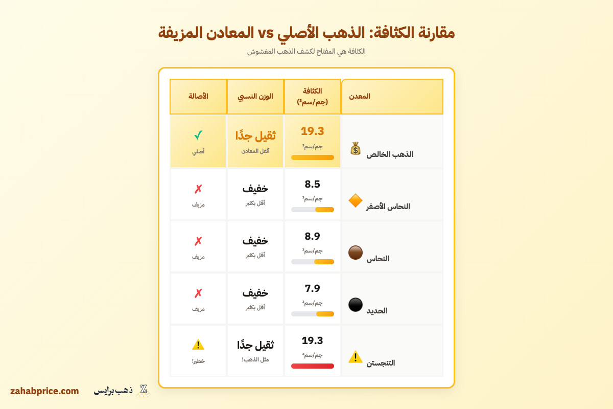 جدول مقارنة بين أوزان وكثافة الذهب الأصلي والمعادن المستخدمة في الغش
