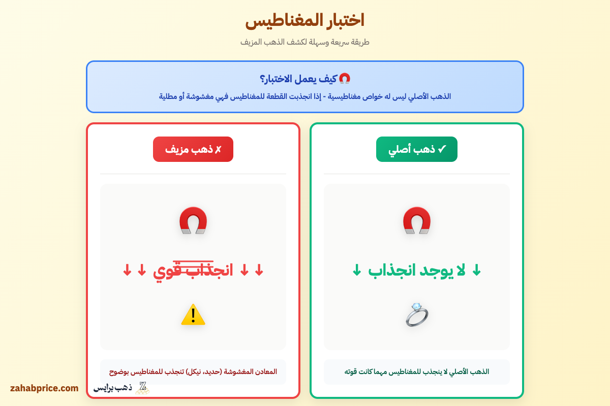 توضيح عملي لاختبار المغناطيس حيث القطعة الأصلية لا تنجذب والمغشوشة تنجذب