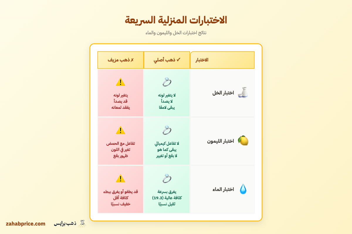 إنفوجرافيك يوضح نتائج اختبارات الخل والليمون والماء على الذهب الأصلي والمغشوش
